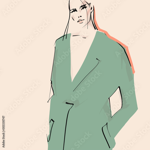 Young woman, model. Hand-drawn fashion illustration. Vector