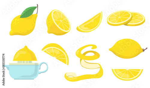 Different lemon pieces flat item set. Cartoon drawn citrus, half lemons and zest for lemonade juice isolated on white background vector illustration collection. Food and fruit concept