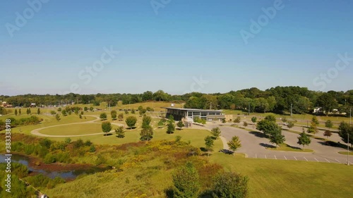 Aerial overhead flyby of Wilma Rudolph Event Center in Clarksville Tennessee photo