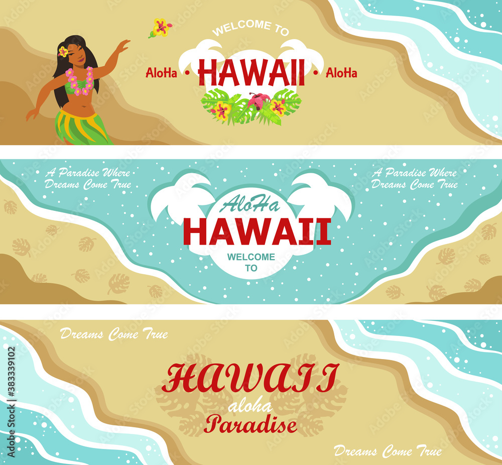 Hawaii welcome flyers design set. Tropical beach, sea and sand, dancing ...
