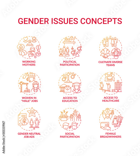 Gender issues concept icons set. Changing gender roles. Community events participation. Comunity troubles types idea thin line RGB color illustrations. Vector isolated outline drawings © bsd studio