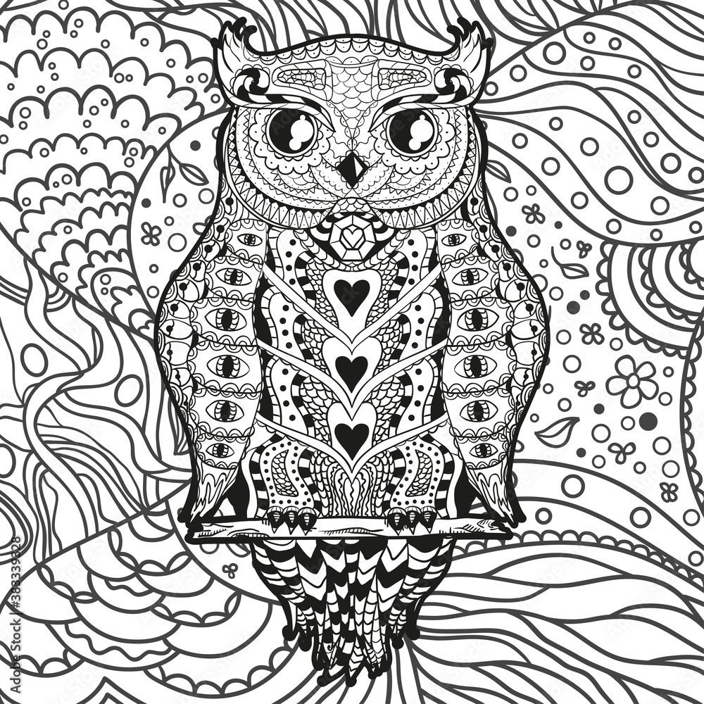 Obraz premium Square intricate pattern with owl. Design Zentangle. Hand drawn mandala with abstract patterns on isolation background. Design for spiritual relaxation for adults