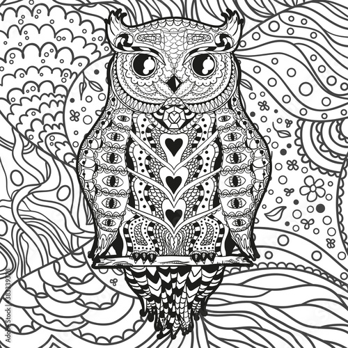 Square intricate pattern with owl. Design Zentangle. Hand drawn mandala with abstract patterns on isolation background. Design for spiritual relaxation for adults