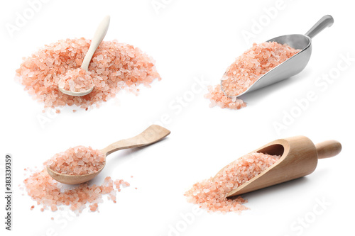 Set with pink himalayan salt on white background