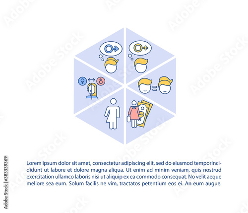 Gender diversity in workplace concept icon with text. Inclusivity in hiring for job position PPT page vector template. Brochure, magazine, booklet design element with linear illustrations