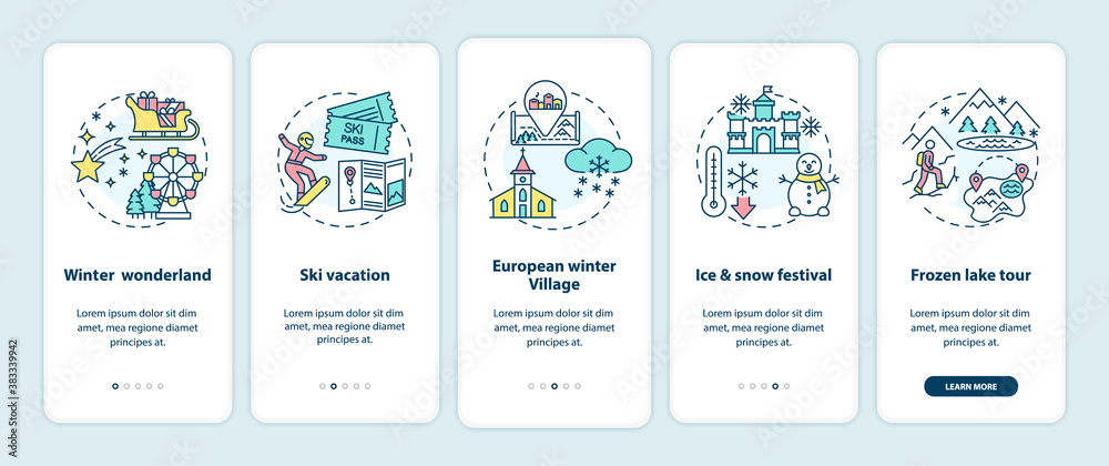 Winter vacation places onboarding mobile app page screen with concepts. Winter wonderland, ski vacation walkthrough 5 steps graphic instructions. UI vector template with RGB color illustrations Winter vacation places onboarding mobile app page screen with concepts. Winter wonderland, ski vacation walkthrough 5 steps graphic instructions. UI vector template with RGB color illustrations