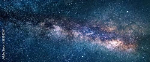 Milky way panorama as background image. Night starry sky with stars, planets, constellations and galaxies.
