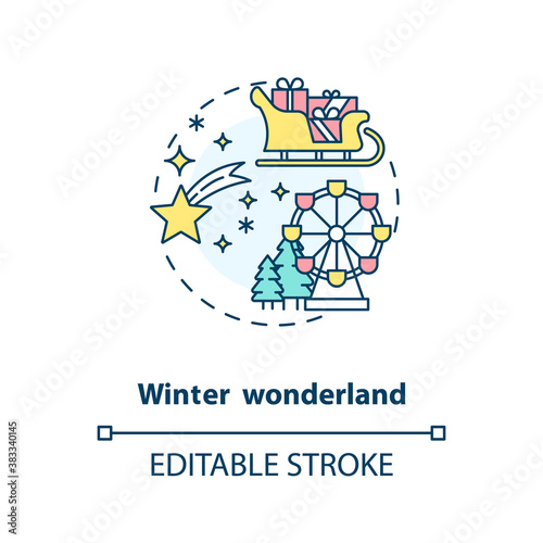 Winter wonderland concept icon. Winter vacation destination idea thin line illustration. Large annual Christmas event. Festive markets. Vector isolated outline RGB color drawing. Editable stroke