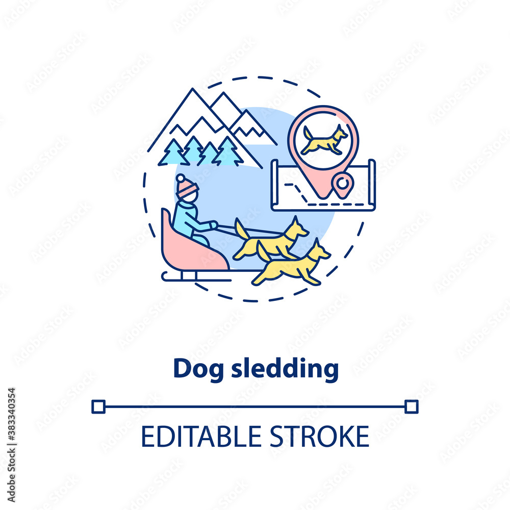 Dog sledding concept icon. Winter outdoor activity idea thin line illustration. Cold-season activities. Dog sleigh racing. Mushing. Vector isolated outline RGB color drawing. Editable stroke