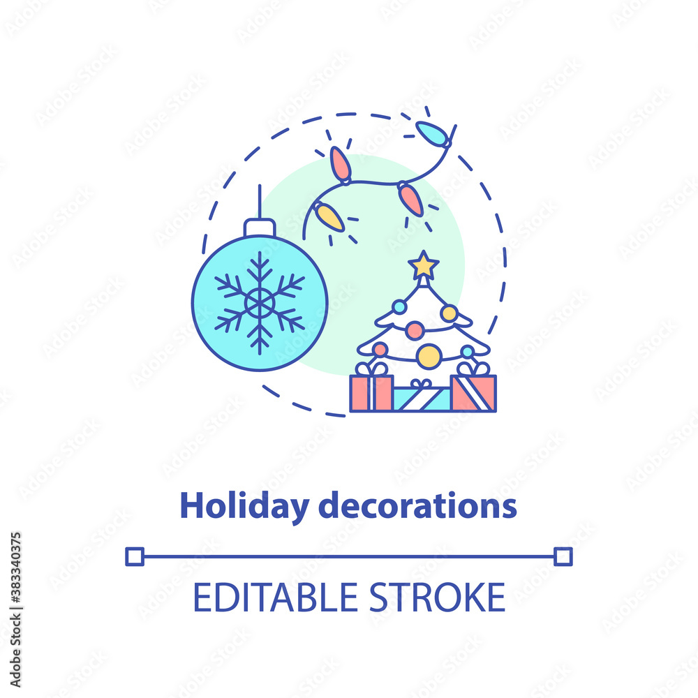 Holiday decorations concept icon. Christmas holiday idea thin line illustration. Seasonal tradition. Festive decorations, accessories. Vector isolated outline RGB color drawing. Editable stroke