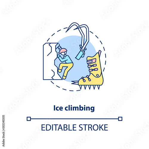 Ice climbing concept icon. Winter outdoor activity idea thin line illustration. Special equipment. Ice axes, ropes and crampons. Vector isolated outline RGB color drawing. Editable stroke