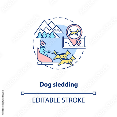 Dog sledding concept icon. Winter outdoor activity idea thin line illustration. Cold-season activities. Dog sleigh racing. Mushing. Vector isolated outline RGB color drawing. Editable stroke