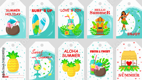 Summer holiday flyers design set. Ocean waves, tropical beach and cocktails vector illustration. Colorful graphic elements with text. Template for travel posters, promotion banners, advertising tags