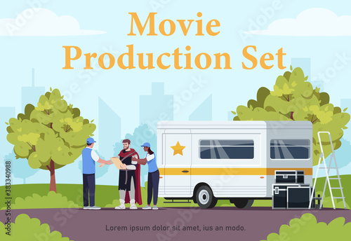Movie production set poster template. Film making place choosing. Commercial flyer design with semi flat illustration. Vector cartoon promo card. Content creation advertising invitation