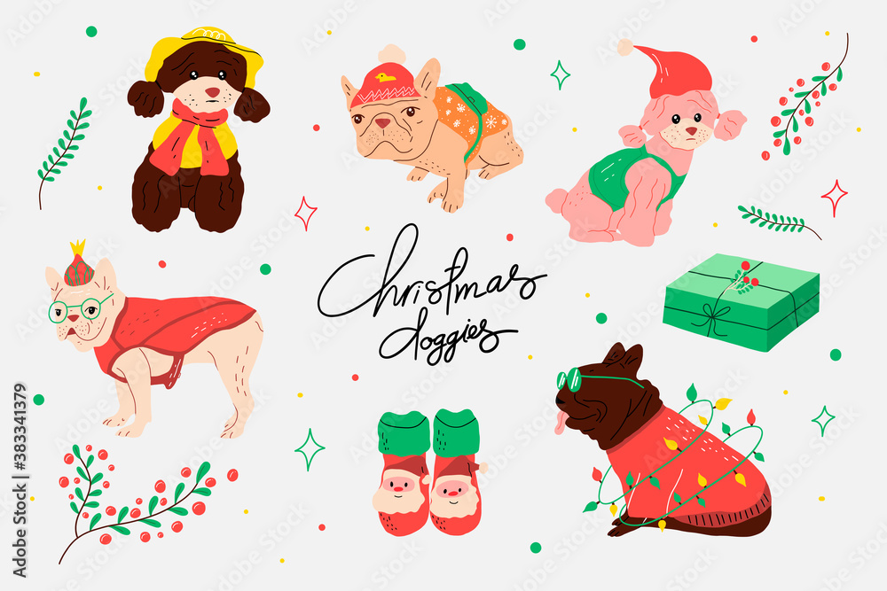 Set of Christmas Costumes for Dogs. Cute Christmas Doggies or Puppies Concept. Poodle and Pug Dog collection. Vector Illustration in Doodle Style with Hand Drawn Typography. Printable, Isolated
