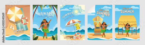 Colorful banners for Hawaii vacation vector illustration. Beach and sea on background with text. Summer vacation and travel concept. Template for promotion poster, advertising label or flyer