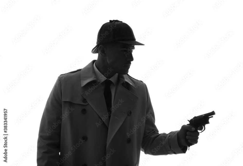Fototapeta premium Old fashioned detective with revolver on white background