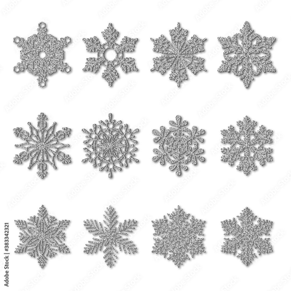 set of silver glitter snowflakes. christmas decorations	