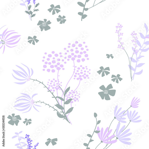 Abstract seamless pattern with leaves and flowers. Vector background for various surface. Trendy hand drawn textures.