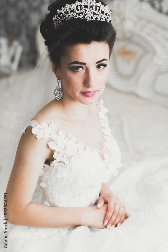 Luxury bride in white dress posing while preparing for the wedding ceremony