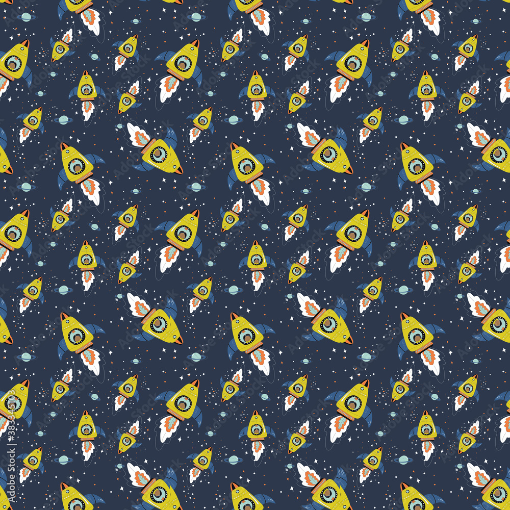 Seamless pattern with astronaut kid and cat in rocket ships. illustration, scandinavian style. Stars, planet. Children textile,t-shirt print,bed linens,fabric,wallpaper,paper,back to school Seamless pattern with astronaut kid and cat in rocket ships. illustration, scandinavian style. Stars, planet. Children textile,t-shirt print,bed linens,fabric,wallpaper,paper,back to school
