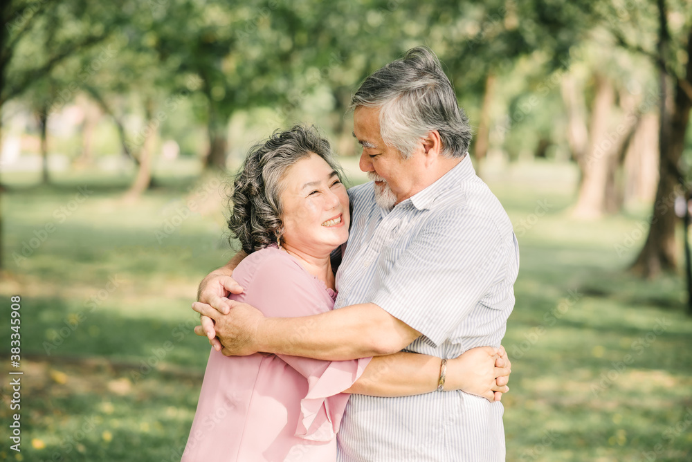 Happy senior Asian couple having a good time embracing and hugging outdoor in park