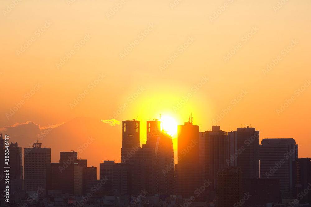 新宿高層ビル群と太陽と富士山