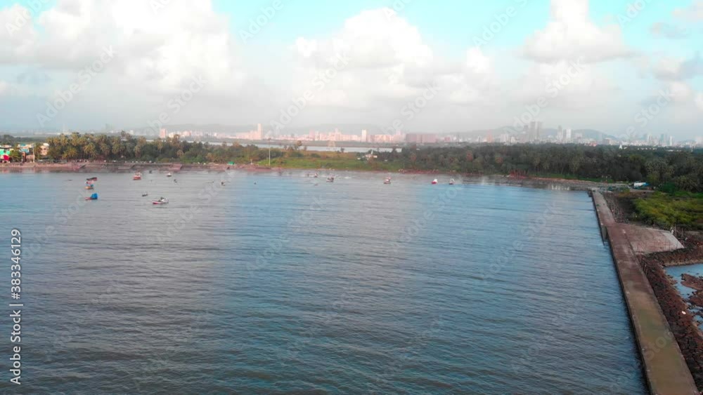 gorai beach dock and cost fishing boat waves on sun set dron shot birds panorama view gorai beach dock and cost fishing boat waves on sun set dron shot birds panorama view