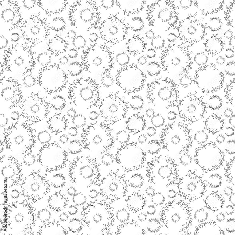 seamless pattern with hand painted floral wreath isolated on white background. Ink drawing, beautiful design elements. Perfect for prints, patterns, fabric, textiles, wallpaper, greeting cards.