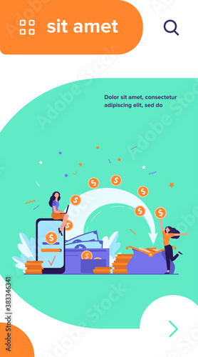 Stylized people sending payment and receiving money isolated flat vector illustration. Cartoon tiny woman with wallet and coins. Remittance, bank and financial transactions concept