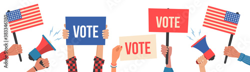 2020 Presidential Election in United States of America.Hands holding vote tablets,placards on demonstration.People with megaphones,banners,empty vote signs.Election concept campaig.Vector illustration