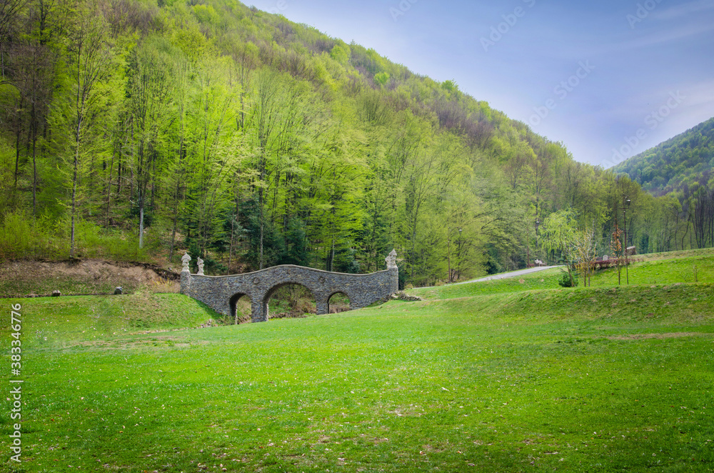 stone bridge over a small river. Voevodyno resort. beautiful landscape in the carpathians.