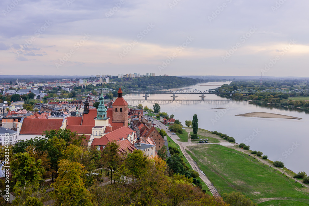 Sightseeing of Poland. Cityscape of Grudziadz, aerial view of the historic center and Wisla river