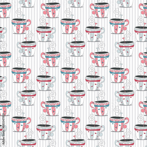 Seamless pattern with pastel doodle cartoon mugs. Hand drawn flat style illustration isolated on white background. It can be used as a print, on cards, textile, fabric.