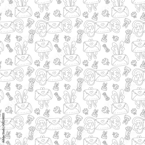 Cute seamless pattern with love letters envelopes with wings. Hand drawn cartoon ink illustration isolated on white background. Valentines day design for web  print and textile