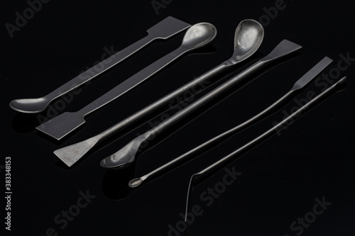 Spatula, Spoon - Metal Laboratory Equipments. Lab spatulas and micro scoop reagent lab sampling used in laboratory photo