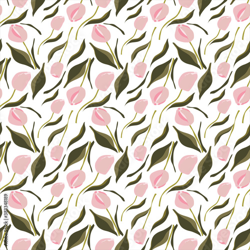 Wallpaper Mural Seamless pattern of pink tulips branches isolated on white background. Stock vector illustration Torontodigital.ca