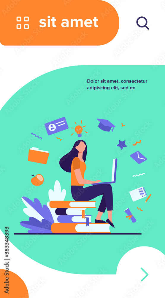 Student with laptop studying on online course. Woman sitting on stack of books and using computer. Vector illustration for internet school, knowledge, education concept Student with laptop studying on online course. Woman sitting on stack of books and using computer. Vector illustration for internet school, knowledge, education concept