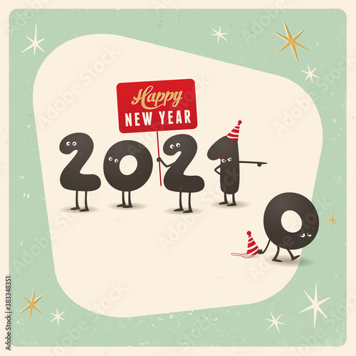 Vintage style funny greeting card - Happy New Year 2021 - Editable, grunge effects can be easily removed for a brand new, clean sign. Vector.