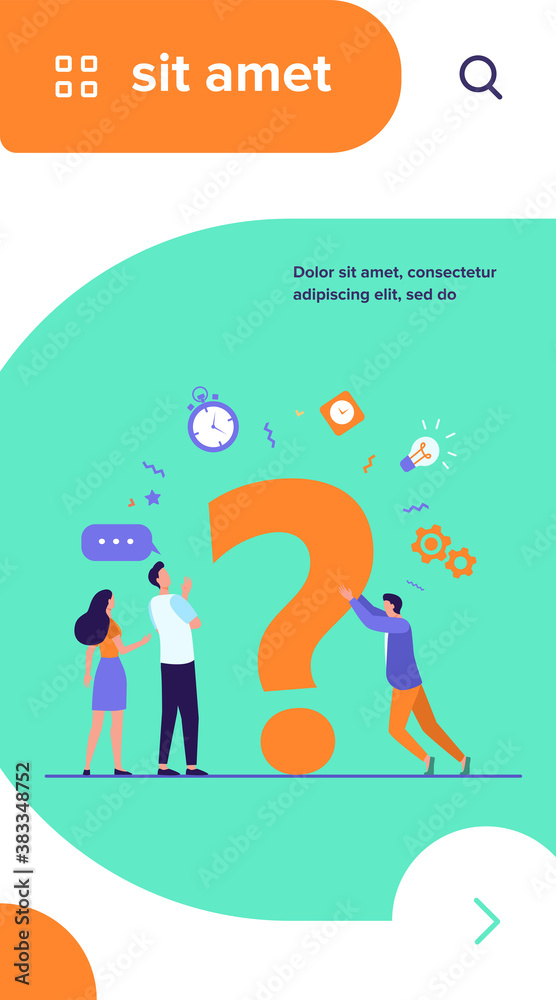 People searching solutions and asking for help. Men and women discussing huge question mark. Vector illustration for communication, assistance, consulting concept People searching solutions and asking for help. Men and women discussing huge question mark. Vector illustration for communication, assistance, consulting concept