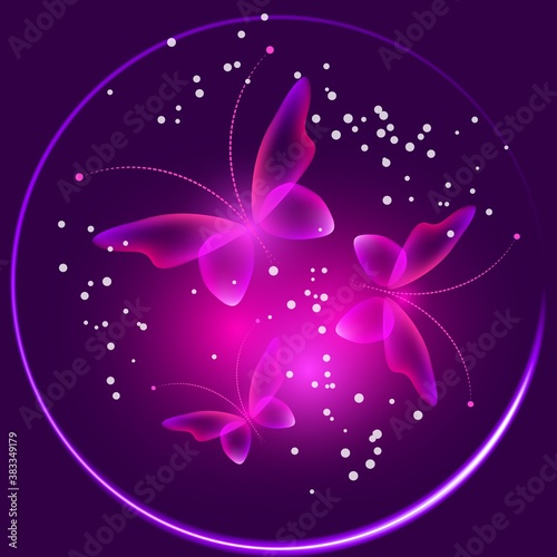 Glowing image with magic butterflies. Transparent reflective background for graphic design. Neon purple pictures.