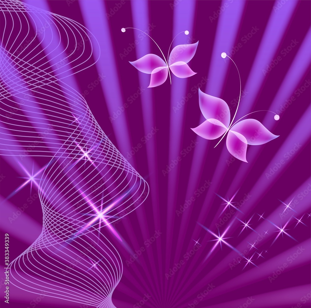 Glowing image with magic butterflies. Transparent reflective background for graphic design. Neon purple pictures. Glowing image with magic butterflies. Transparent reflective background for graphic design. Neon purple pictures.