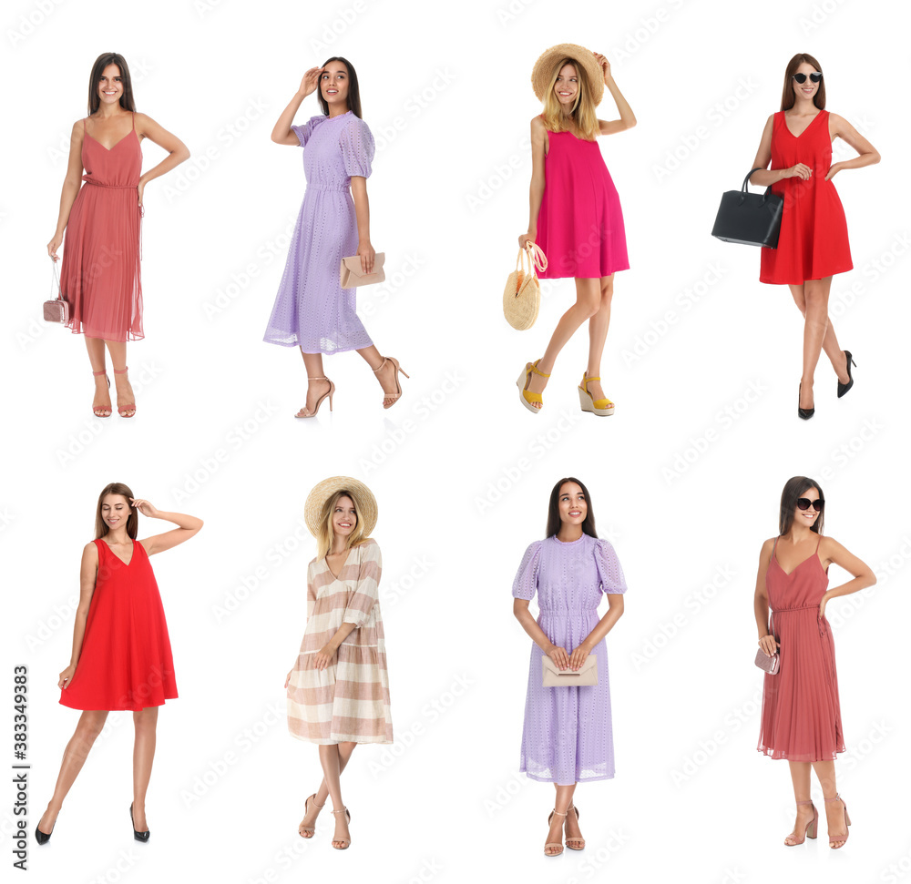 Collage with photos of women wearing different dresses on white background Collage with photos of women wearing different dresses on white background
