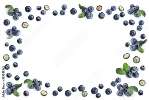 Frame of fresh blueberries on white background, top view