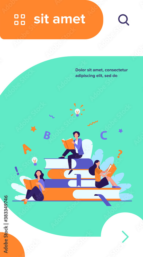 Students studying textbooks. Woman sitting on stack of books and reading. Vector illustration for library, bookworm, bookstore concept Students studying textbooks. Woman sitting on stack of books and reading. Vector illustration for library, bookworm, bookstore concept