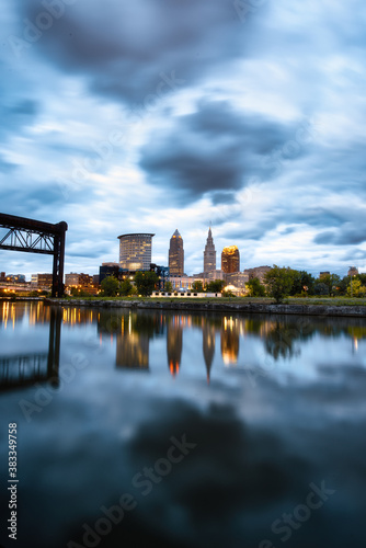 Cleveland ohio skyline with the cuyahoga river in the flats