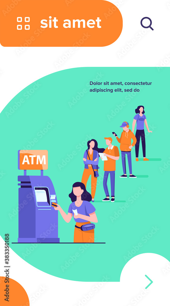 Queue of people standing for using ATM. Bank customer inserting credit card to slot for transaction. Vector illustration for business, banking, finance concept