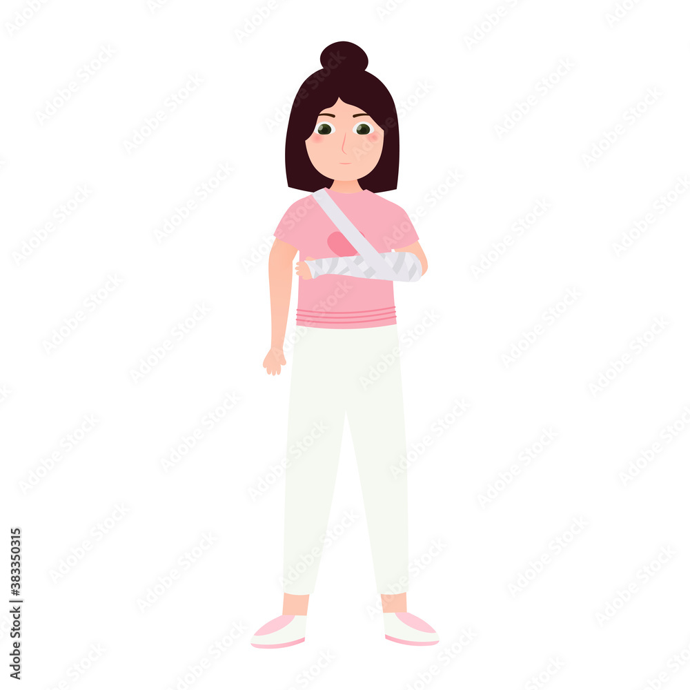 Little depressed girl with broken arm in bandage, bone fracture medical concept in cartoon style for posters Little depressed girl with broken arm in bandage, bone fracture medical concept in cartoon style for posters
