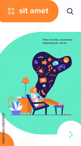 Social media addicted woman. Cartoon character relaxing at home, using tablet computer for web surfing, playing online games. Vector illustration for internet addiction, communication concept