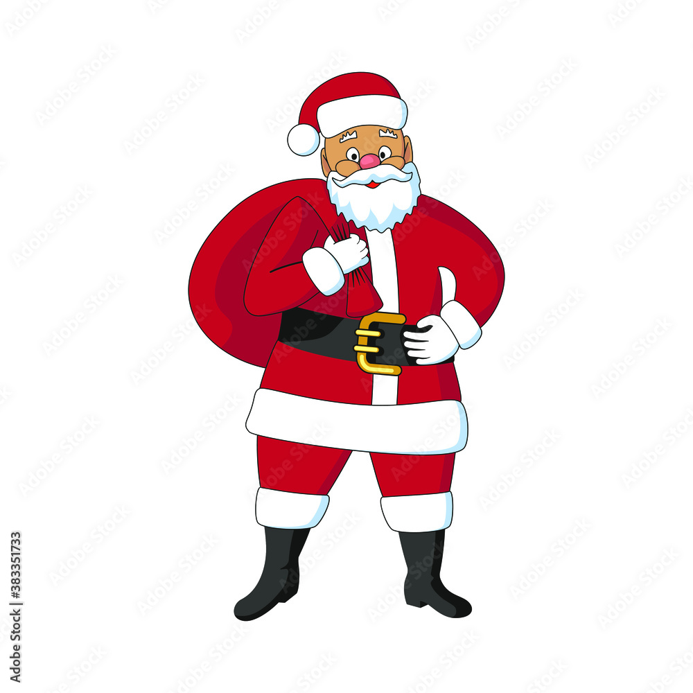 Santa Claus in red clothes stands and holds a bag. Vector illustration in cartoon style for Christmas. Santa Claus in red clothes stands and holds a bag. Vector illustration in cartoon style for Christmas.